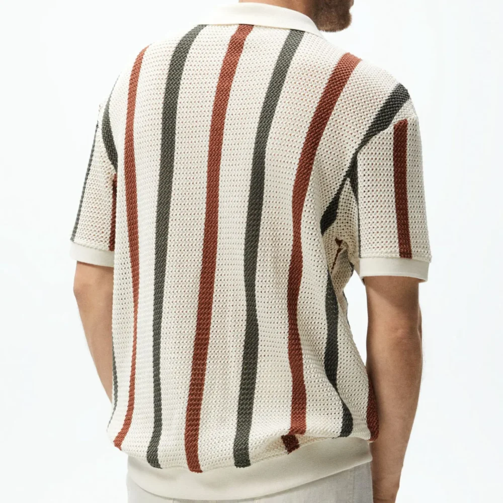 New Arrival Casual Striped Color Contrast Hollow Woven Casual Polo Shirt for Men Sehe Fashion - Image 3