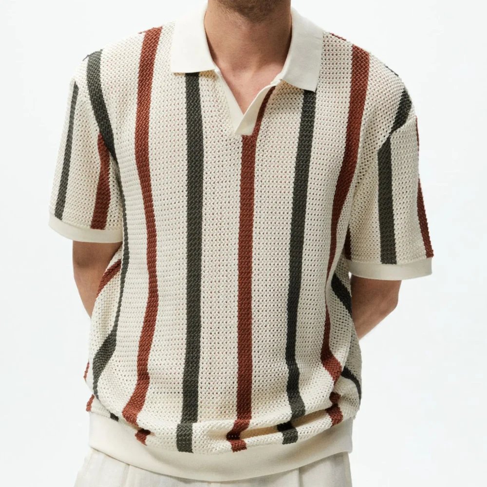 New Arrival Casual Striped Color Contrast Hollow Woven Casual Polo Shirt for Men Sehe Fashion