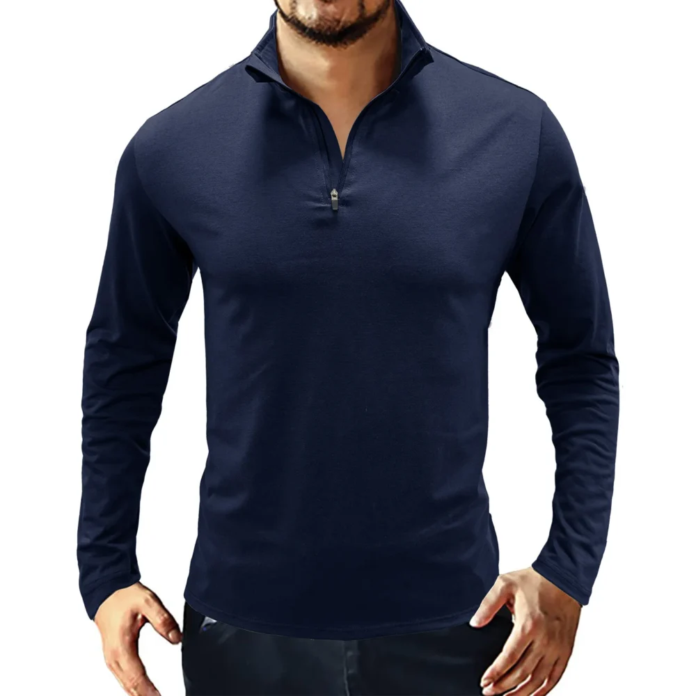 Men's Casual Zipper  V Neck Long Sleeve Blend Cotton Slim Fitted Stand Turn-Down Collar Polo Shirts - Image 5