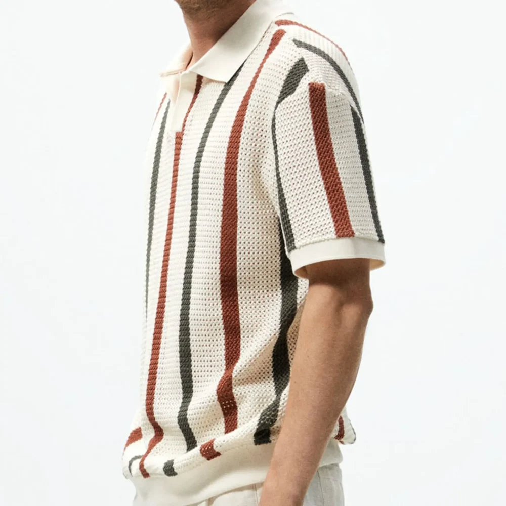 New Arrival Casual Striped Color Contrast Hollow Woven Casual Polo Shirt for Men Sehe Fashion - Image 2