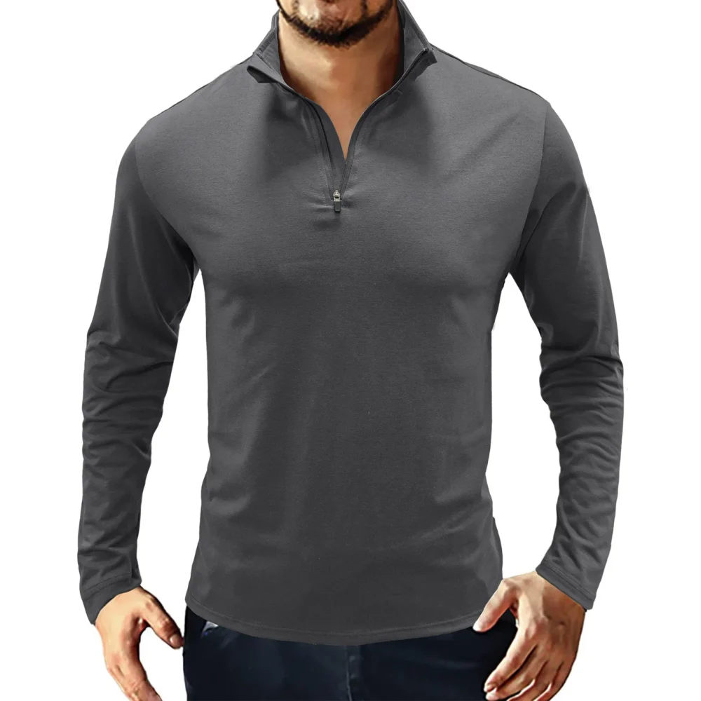 Men's Casual Zipper  V Neck Long Sleeve Blend Cotton Slim Fitted Stand Turn-Down Collar Polo Shirts - Image 3
