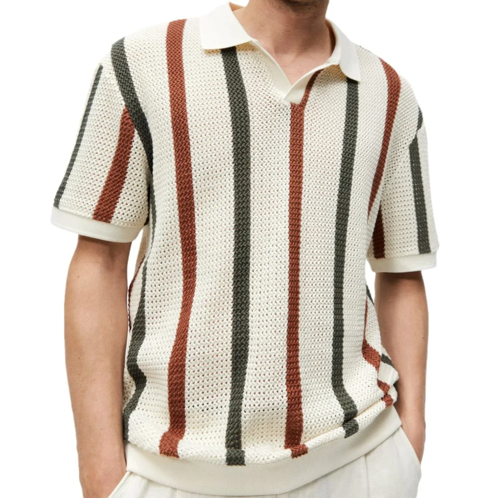 New Arrival Casual Striped Color Contrast Hollow Woven Casual Polo Shirt for Men Sehe Fashion - Image 4