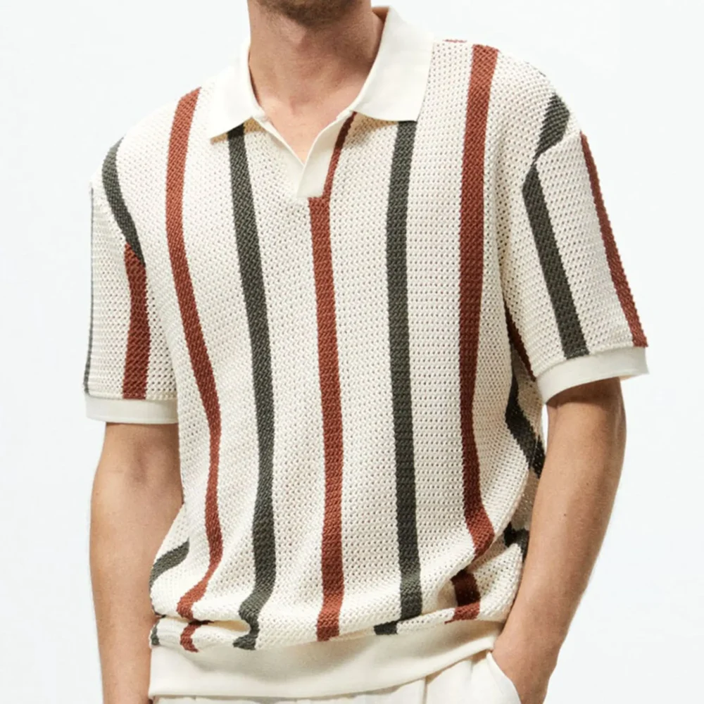 New Arrival Casual Striped Color Contrast Hollow Woven Casual Polo Shirt for Men Sehe Fashion - Image 6