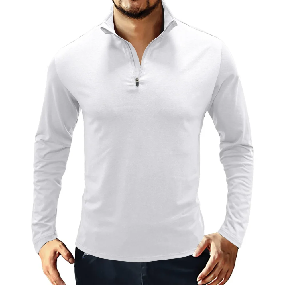 Men's Casual Zipper  V Neck Long Sleeve Blend Cotton Slim Fitted Stand Turn-Down Collar Polo Shirts - Image 4