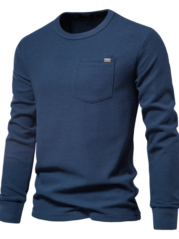 MEN'S WAFFLE COTTON SOLID COLOR T-SHIRT MEN'S SINGLE POCKET LONG SLEEVE BASIC BREATHABLE TOPS FOR AUTUMN - Image 7
