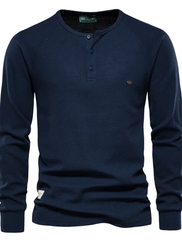 NEW AUTUMN SOLID COLOR MEN'S LONG SLEEVE WAFFLE HENLEY T-SHIRT BASIC BREATHABLE MEN'S TOPS TEE SHIRTS - Image 5