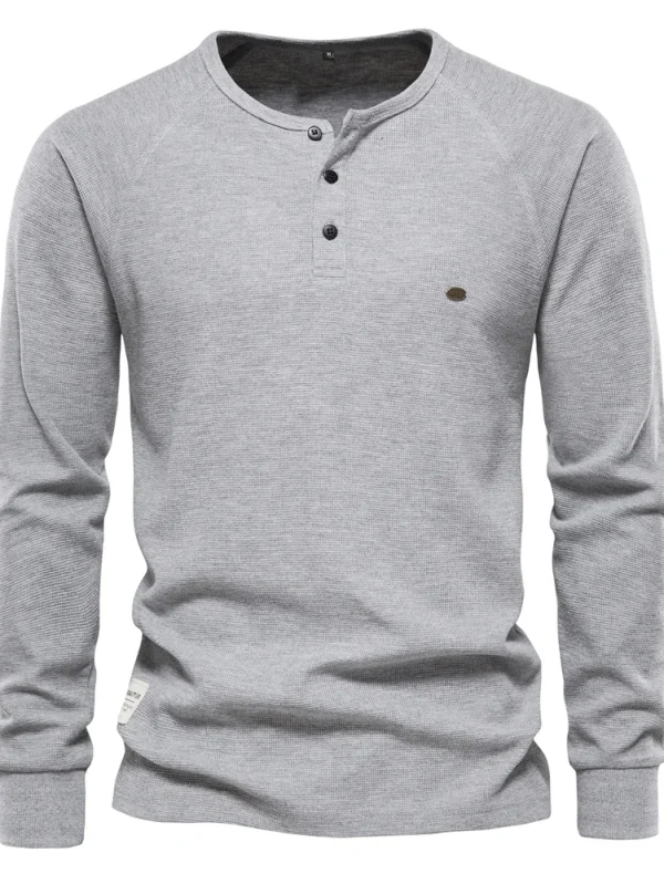 NEW AUTUMN SOLID COLOR MEN'S LONG SLEEVE WAFFLE HENLEY T-SHIRT BASIC BREATHABLE MEN'S TOPS TEE SHIRTS - Image 6