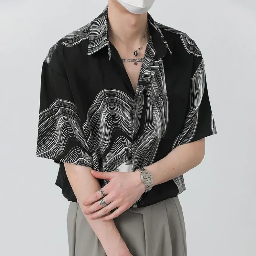 Irregular Men's Short-Sleeve Summer Silky Drape Non-ironing Lapel Shirt with Texture Pattern, 2025 New Korean Fashion Design - Image 2