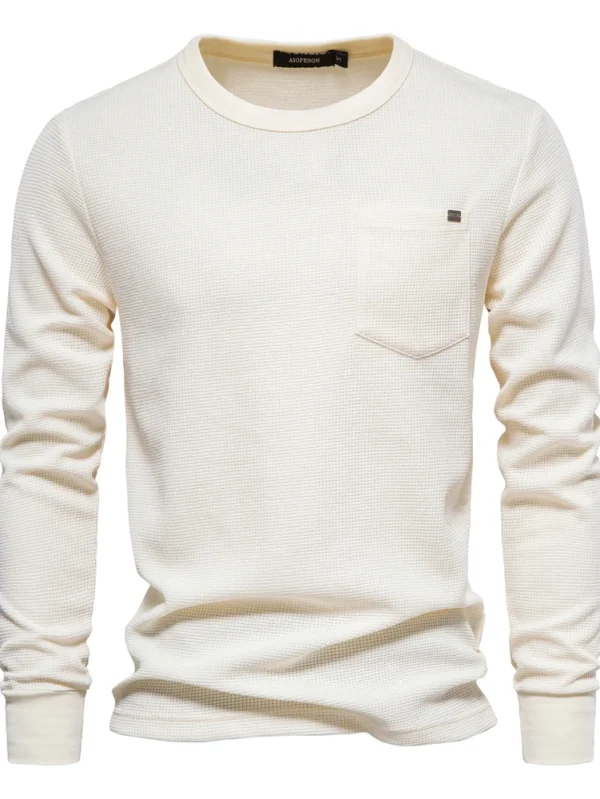 MEN'S WAFFLE COTTON SOLID COLOR T-SHIRT MEN'S SINGLE POCKET LONG SLEEVE BASIC BREATHABLE TOPS FOR AUTUMN