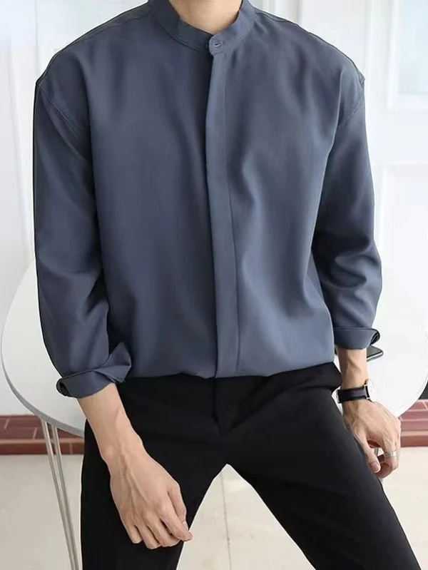 Men's Solid Color, Long-Sleeved, Stand-up Collar, Loose, Business Casual, Iron-Free, 2025 Silk Senior Sexy Dark Blue Shirt