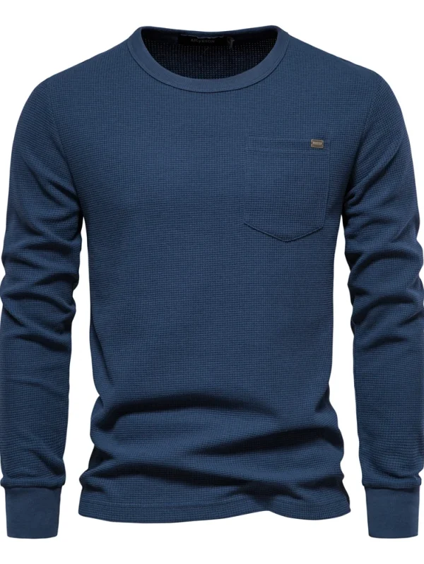 MEN'S WAFFLE COTTON SOLID COLOR T-SHIRT MEN'S SINGLE POCKET LONG SLEEVE BASIC BREATHABLE TOPS FOR AUTUMN - Image 6