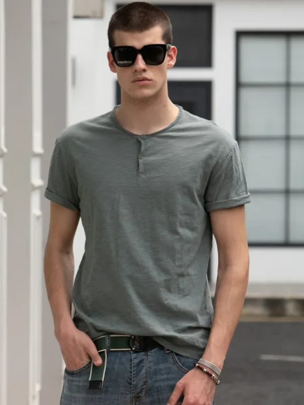 MEN'S SOLID COLOR CASUAL T-SHIRTS O-NECK BUTTON UP 2021 NEW SUMMER EXCELLENT CLASSIC TOP TEES MEN - Image 5