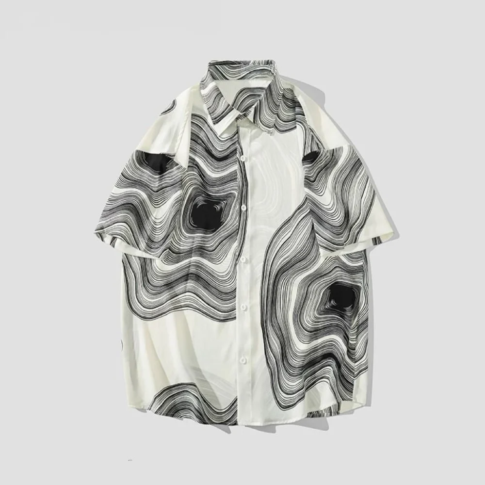 Irregular Men's Short-Sleeve Summer Silky Drape Non-ironing Lapel Shirt with Texture Pattern, 2025 New Korean Fashion Design - Image 6