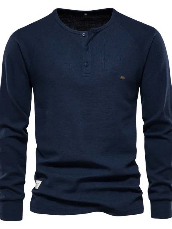 NEW AUTUMN SOLID COLOR MEN'S LONG SLEEVE WAFFLE HENLEY T-SHIRT BASIC BREATHABLE MEN'S TOPS TEE SHIRTS - Image 9