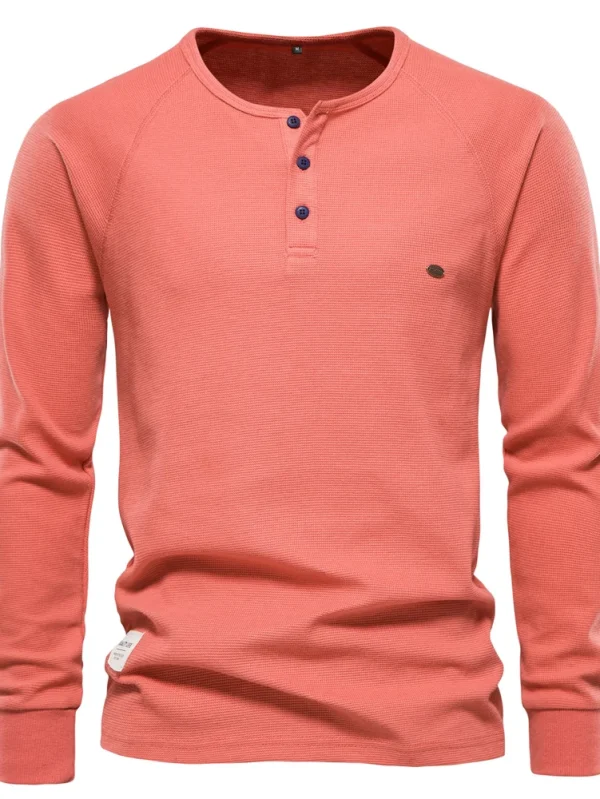 NEW AUTUMN SOLID COLOR MEN'S LONG SLEEVE WAFFLE HENLEY T-SHIRT BASIC BREATHABLE MEN'S TOPS TEE SHIRTS - Image 7