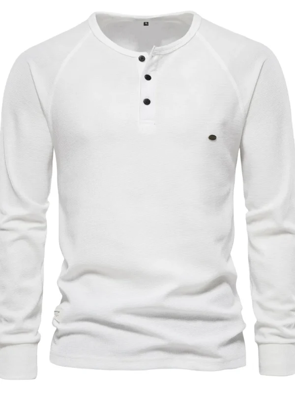 NEW AUTUMN SOLID COLOR MEN'S LONG SLEEVE WAFFLE HENLEY T-SHIRT BASIC BREATHABLE MEN'S TOPS TEE SHIRTS - Image 8