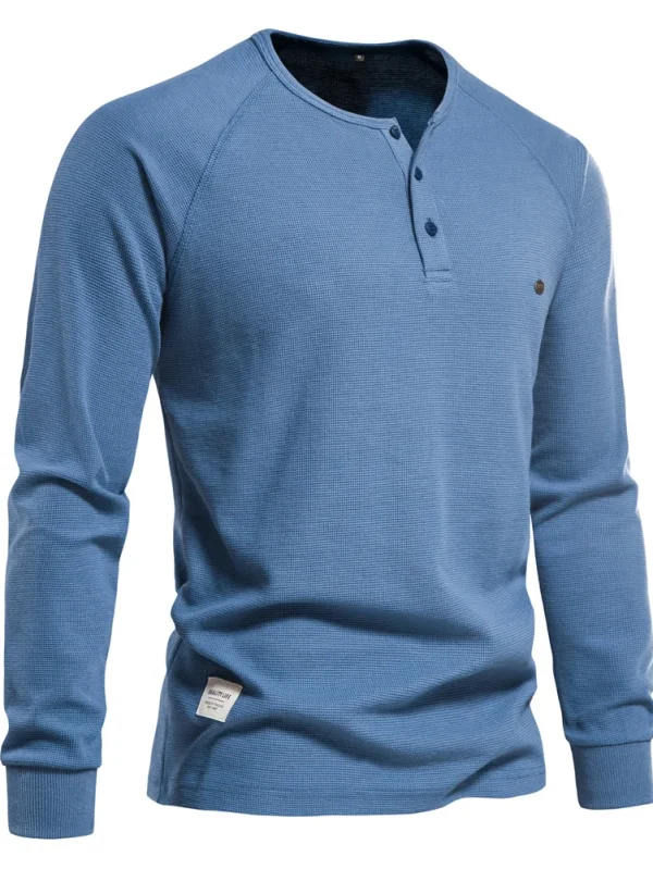 NEW AUTUMN SOLID COLOR MEN'S LONG SLEEVE WAFFLE HENLEY T-SHIRT BASIC BREATHABLE MEN'S TOPS TEE SHIRTS - Image 2