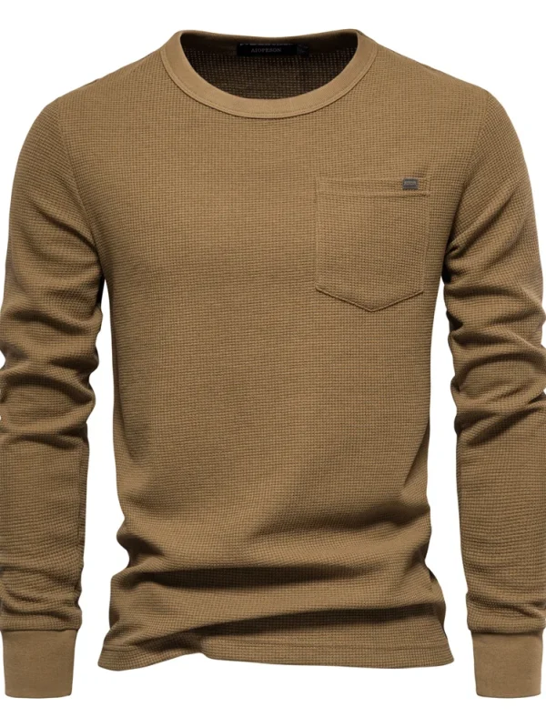 MEN'S WAFFLE COTTON SOLID COLOR T-SHIRT MEN'S SINGLE POCKET LONG SLEEVE BASIC BREATHABLE TOPS FOR AUTUMN - Image 13
