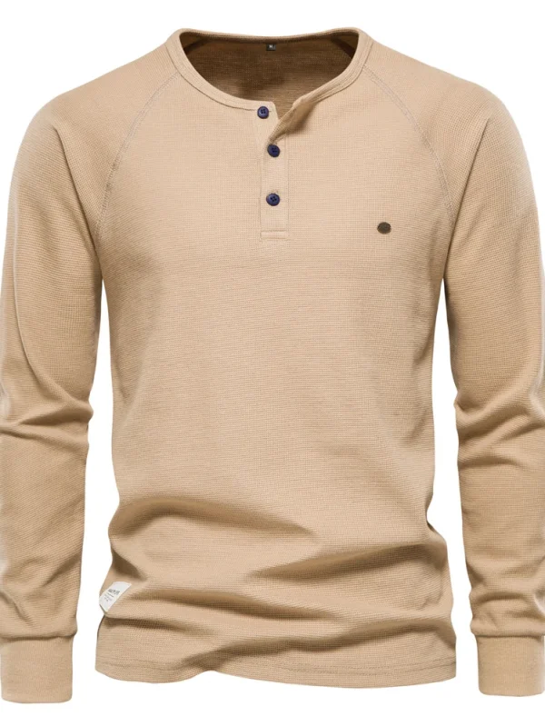 NEW AUTUMN SOLID COLOR MEN'S LONG SLEEVE WAFFLE HENLEY T-SHIRT BASIC BREATHABLE MEN'S TOPS TEE SHIRTS - Image 10