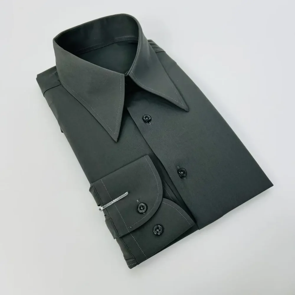 2025 Brand-New, Premium Lapel Men's Slim-Fit, Wrinkle-Free, Solid-Colored, Retro Gray Dress Shirt - Image 7