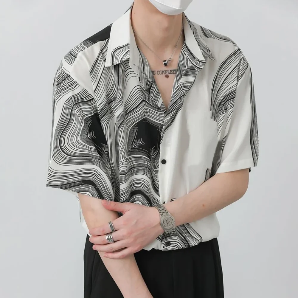 Irregular Men's Short-Sleeve Summer Silky Drape Non-ironing Lapel Shirt with Texture Pattern, 2025 New Korean Fashion Design