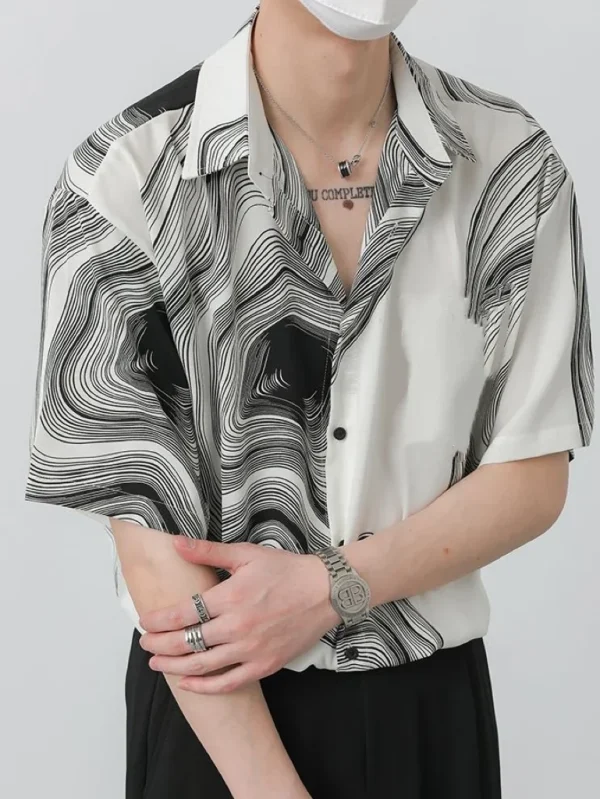 Irregular Men's Short-Sleeve Summer Silky Drape Non-ironing Lapel Shirt with Texture Pattern, 2025 New Korean Fashion Design