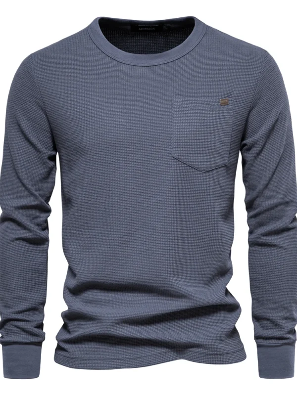MEN'S WAFFLE COTTON SOLID COLOR T-SHIRT MEN'S SINGLE POCKET LONG SLEEVE BASIC BREATHABLE TOPS FOR AUTUMN - Image 12
