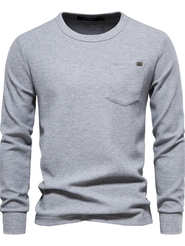 MEN'S WAFFLE COTTON SOLID COLOR T-SHIRT MEN'S SINGLE POCKET LONG SLEEVE BASIC BREATHABLE TOPS FOR AUTUMN - Image 11