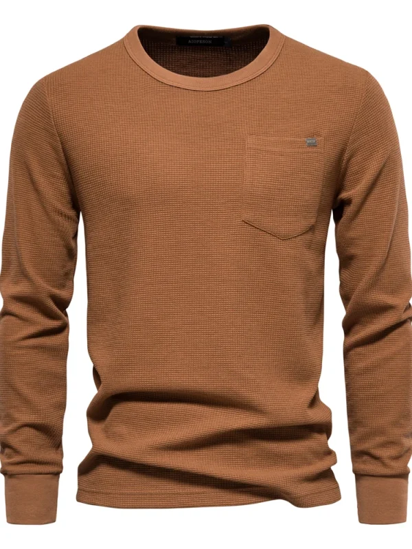 MEN'S WAFFLE COTTON SOLID COLOR T-SHIRT MEN'S SINGLE POCKET LONG SLEEVE BASIC BREATHABLE TOPS FOR AUTUMN - Image 9